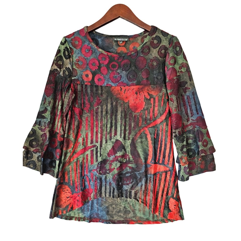 The Pyramid Collection Womens S Burnout Velvet Tunic Top Red Blue Bell Sleeve
